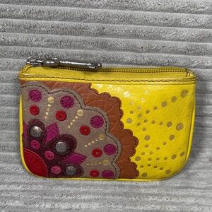 Fossil Yellow Floral Appliqué Leather Zip Pouch ID Holder
